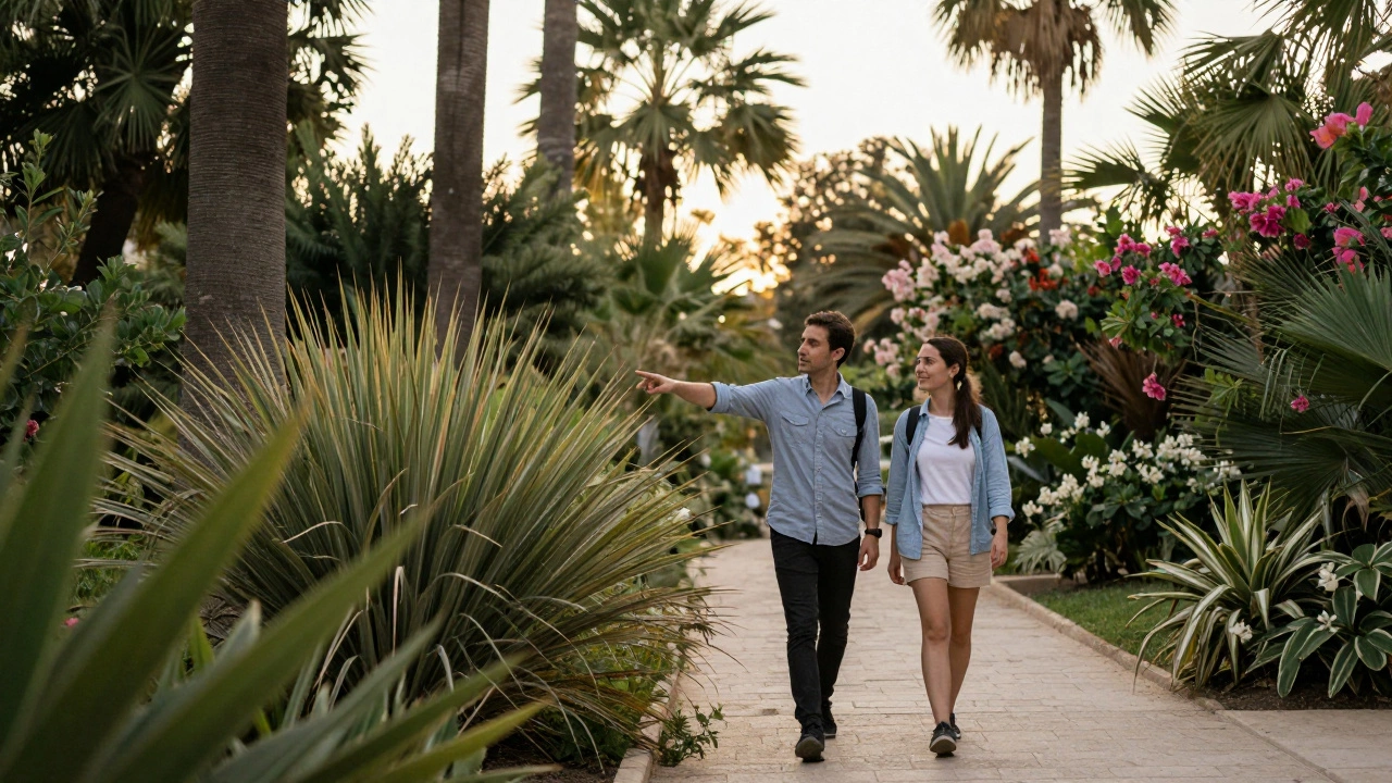 A peaceful walk through Montpellier’s Botanical Garden at golden hour, two people enjoying each other&#039;s company among lush plants.