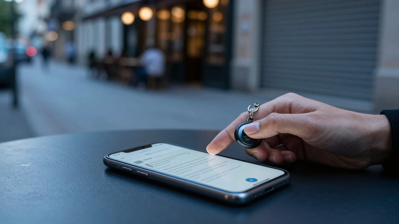 A woman&#039;s hand holding a discreet panic button beside a smartphone with encrypted messages.