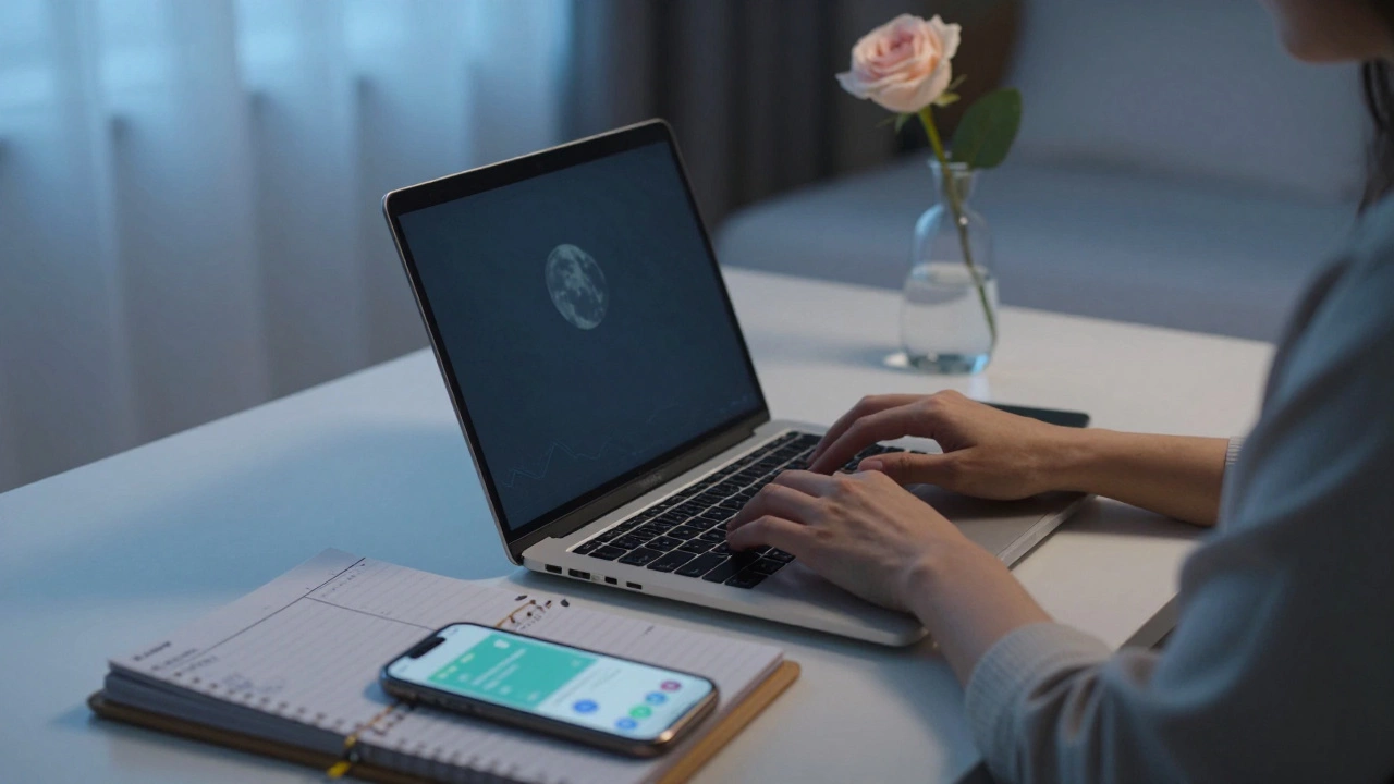 A woman&#039;s hands type on a laptop surrounded by a planner, phone, and a rose in a dimly lit room.