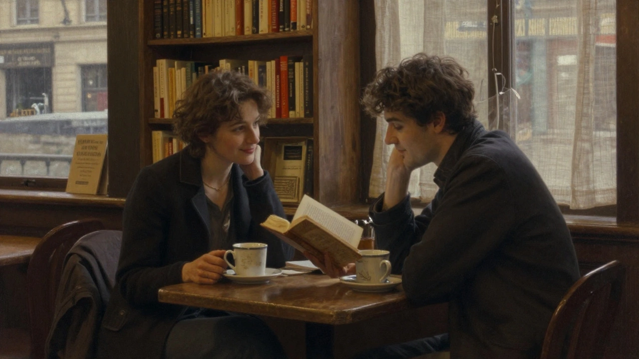 Two individuals sharing a quiet moment over coffee in a cozy bookshop café near the River Lez.